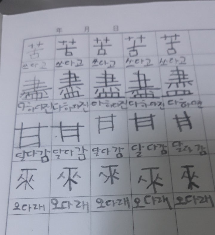 처음엔 칸을 훌쩍 벗어나고 크기도 제각각인 아이들의 흔한 한자 연습 모습입니다